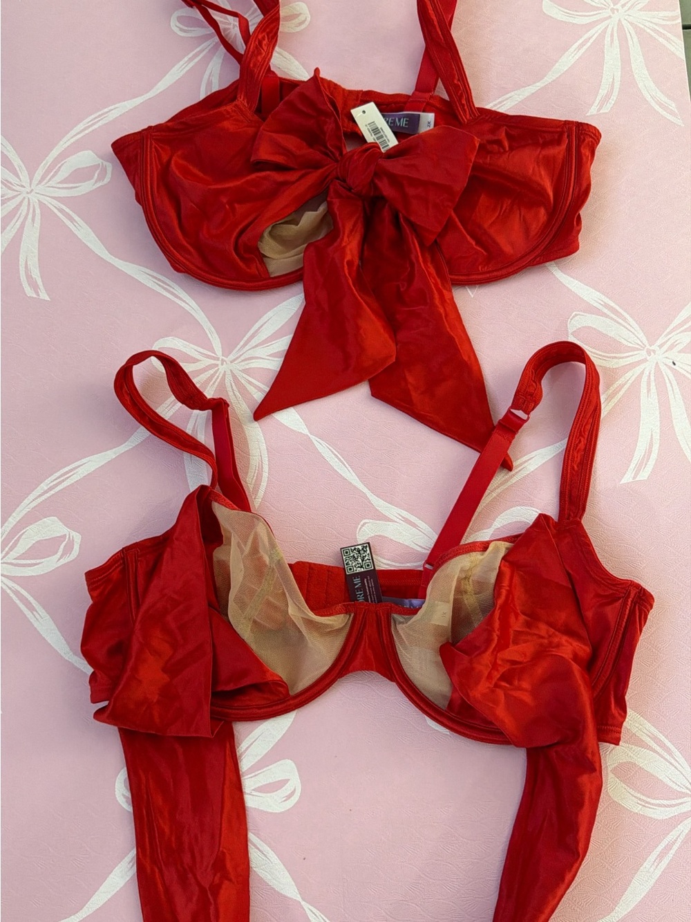 Adore Me Red Satin Bow Underwire Bra Set